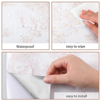 18ft x 20.5 Inch Pink Chateau Toile Peel and Stick Wallpaper with Smoothing Tool Kit Blush Removable Self Adhesive Vintage Wallpaper Toile Contact Paper for Bedroom Bathroom Walls Covering