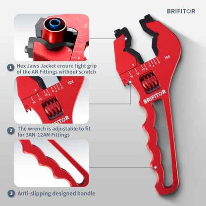 Non Marring AN Fittings Wrench Adjustable Aluminum AN Wrench For 3AN-16AN Hose End Fittings With Replaceable Hex Type & Flat Type Jaw Protectors, Red.