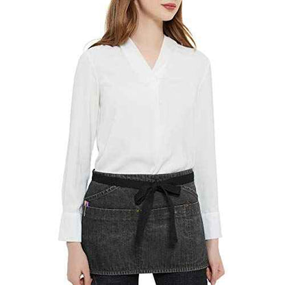 100% Cotton Denim Unisex Waist Apron, 7 Pockets with Zipper Pocket & Pen Pocket, 11" X 23" (Black)