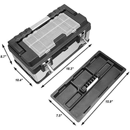 TCE 18-Inch Tool Box Stainless Steel&Plastic Portable Toolbox Storage Organizer with Long Handle and Removable Tray for Home Garage Workshop,A5519BU