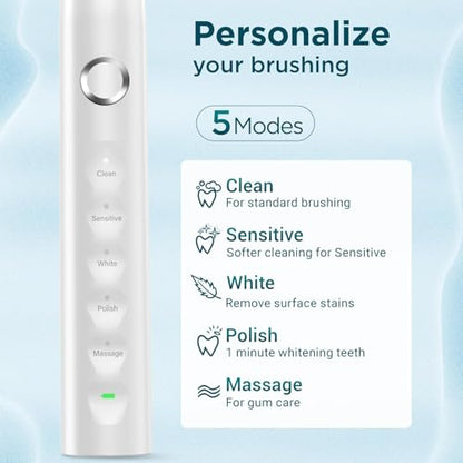 Electric Toothbrush for Adults with 8 Brush Heads, Sonic Toothbrush Rechargeable with a Holder & Travel Case, 2.5 Hours Charge for 120 Days Use - Light Blue