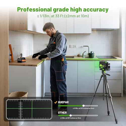 Huepar Laser Level with 60in Tripod, 1/13 High Accuracy Self Leveling Green Cross Line Lazer Leveler for Picture Hanging, Tile, Home Renovation, with Pluse Mode for Outdoor, Carry Case, Glasses