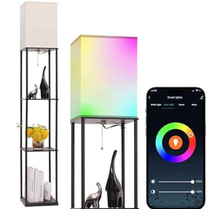 Floor Lamp with Shelves, with Modern Square Standing Lamp with Smart APP Control RGB Bulb, Corner Display Bookshelf Lamp for Living Room, Bedroom and Office (black-9RGB)
