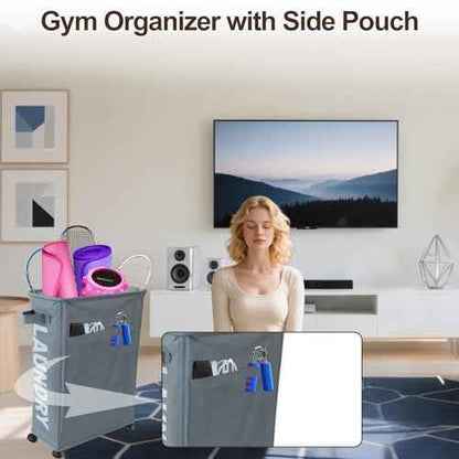 Yoga Mat Storage Rack, Home Gym Corner Storage Organizer with Wheels, Workout Equipment Holder with Side Pocket for Men & Women Gray & Begie