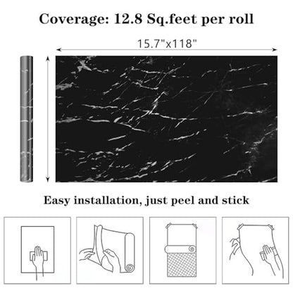 Black Marble Peel and Stick Wallpaper - Black Contact Paper Granite Wallpaper for Kitchen & Bathroom | Self-Adhesive, Waterproof, Removable (15.7"x118")