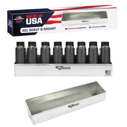 Pit Posse 564 Oil Shelf Caddy 8 Bottle Rack Holder 24" - Made in USA - Holds 8 Quarts of Automotive Motor Engine Oil - Enclosed Race Trailer Shop Garage Aluminum Storage Organizer (Silver)