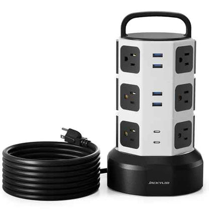 Power Strip Tower Surge Protector, JACKYLED 1625W 13A Outlet Surge Electric Tower, 12 Outlets 6 USB Ports Charging Station with 16AWG 15ft Heavy Duty Extension Cord for Home Office Dorm