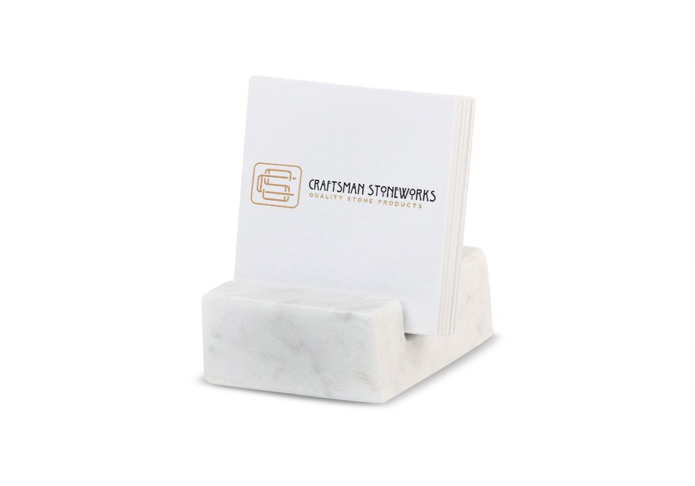 Elegant White Carrara Marble Square Business Card Holder for Desk - Stylish Card Display Stand and Organizer for Women and Men - Business Card Holder Desk made with Recycled Marble.