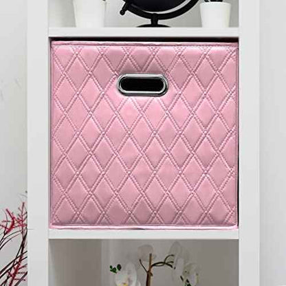 11 inch Pink Foldable Diamond Patterned Faux Leather Storage Cube Bins Set of Two with Handles for living room, bedroom and office storage