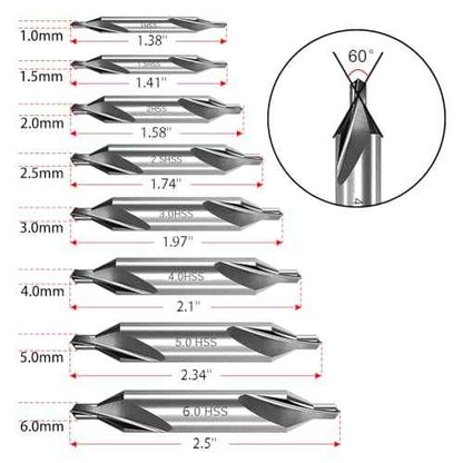 8 PCS Center Drill Bits Set, Countersink Tools for Lathe Metalworking 60 Degree Angle HSS Center Drill Bits for Alloy Steel, Cast Iron, Other Hard Metals (1.0/1.5/2.0/2.5/3.0/4.0/5.0/6.0)