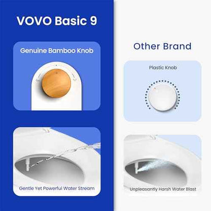 VOVO Basic 9, Real Bamboo Handle, Wash feature, Self-cleaning nozzle, Non-electric Bidet Attachment for Toilet Seat, Adjustable Water Pressure