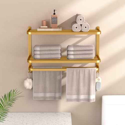 DDS-DUDES 23 Inch 3-Tier Gold Towel Racks for Bathroom with Towel Bars Multilayer Hotel Towel Shelf Stainless Steel Wall-Mounted Brushed Finish Holder with Towel Shelves