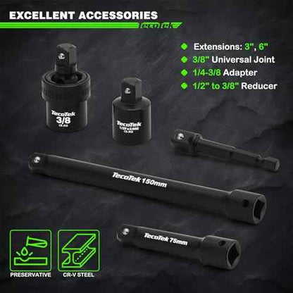 3/8" Drive Impact Socket Set, 49-Piece SAE (5/16"-3/4") and Metric (8mm-22mm), 6 Point, Cr-V, Extension Bars, 1/2" F to 3/8" M Reducer, Universal Joint and Power Drill Adapter