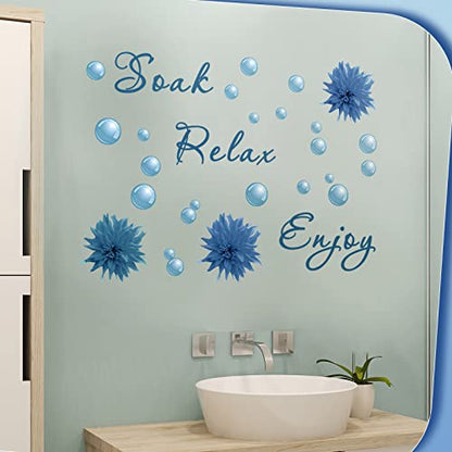 Zonon 2 Pieces Bathroom Wall Decals Sticker Soak Relax Enjoy Toilet Rules Vinyl Quote Wall Decor for Home(Flower Style,Blue)