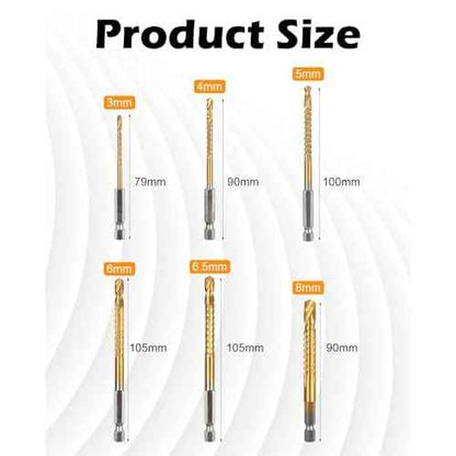 6 Pack Titanium Coated HSS Twist Drill Bit, 3-8mm Hex Shank Serrated Cutting Drill Bit Woodworking Tools for Wood Metal Plastic Hole