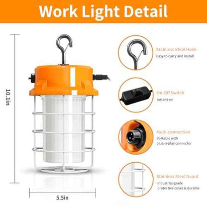 80W LED Temporary Work Light 12000lm 5000K Daylight White Portable Hanging Construction Lighting Led High Bay Light for Workshop Mine Job Site Lighting