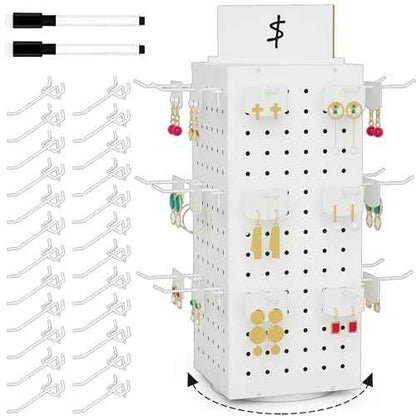Rotating Pegboard Display Stand with 24 Hooks, Tabletop Metal Peg board Shelf for Craft Shows & Fairs, Retail Stores, Vendors Arts and Crafts Finishing - 4-Sided Craft Rack Organizer (White)