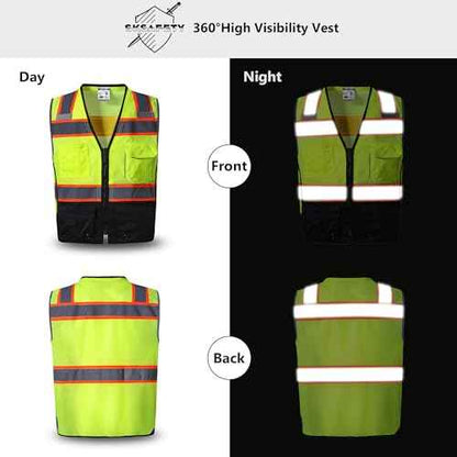 SKSAFETY 10 Pockets Professional level Safety Vest, Class 2 High Visibility Security Vest with Zipper, Hi Vis Vest with Reflective Strips, ANSI/ISEA Standard, Construction Work Vest£¨Lime Black, 3XL£©