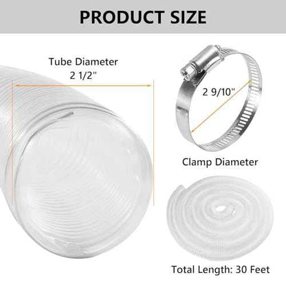 2 1/2" x 30' PVC Dust Collection Hose, Puncture Resistant Fume Collection Hose with 8 Pieces Stainless Steel Clamps, Clear Dust Collector for Woods Debris