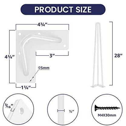 SMARTSTANDARD 28 Inch Hairpin Table Legs, 3 Steel Rods 1/2 Inch Pipe Diameter, 800lbs Load Capacity, Mid-Century Style for Coffee Table, Side Table, Night Stand (White, 4PCS)