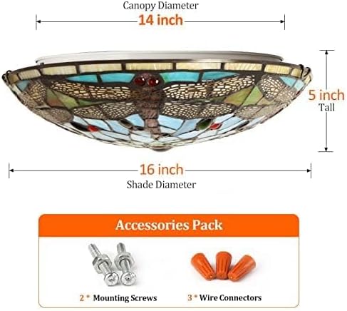ARTZONE Tiffany Ceiling Lights, Stained Glass Ceiling Light 3-Lights 16 Inch Tiffany Flush Mount Ceiling Light Fixture for Bedroom Dining Living Room Entryway Foyer(Brown Dragonfly)