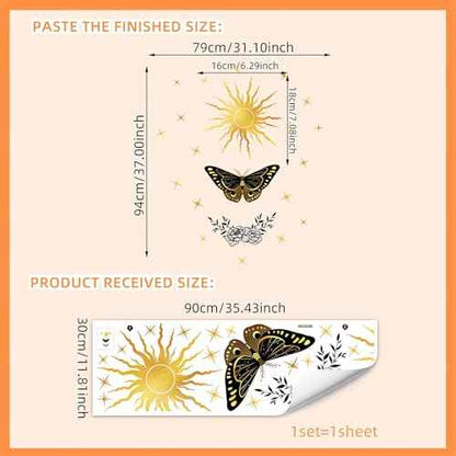 Sacred Golden Sun Stars Black Butterfly Peony Wall Stickers, sacinora Middle Ages Wall Decals Removable Vinyl Peel and Stick for Living Room Bedroom Art Home Decorations