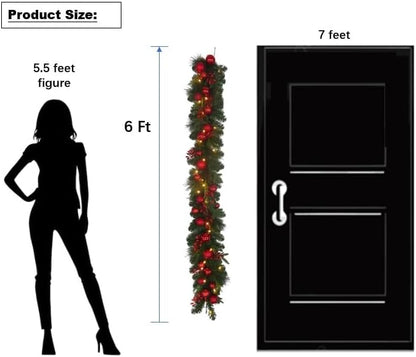 6 Feet Pre-lit Christmas Ornament Fake Pine Garland w 24 Red Balls Real Grapevine Base (30 LED Lights, 8 Flash Options) for Xmas Decor at Shop Home Door Corridor Wall Window Table Cabinet (Battery)