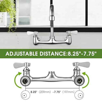 Kitchen Sink Faucet Wall Mount - 8 Inch Center Wall Mount Commercial Kitchen Sink Faucet with 12" Swivel Spout - Dual Lever Handles - Brass Constructed & Chrome Polished