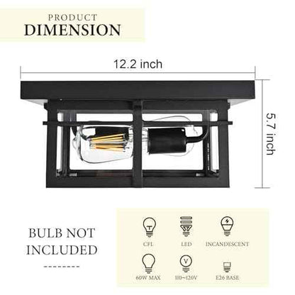 Farmhouse Ceiling Light Fixture Black 2-Light with Clear Glass, Square Flush Mount Ceiling Light for Hallway Kitchen Bedroom Porch