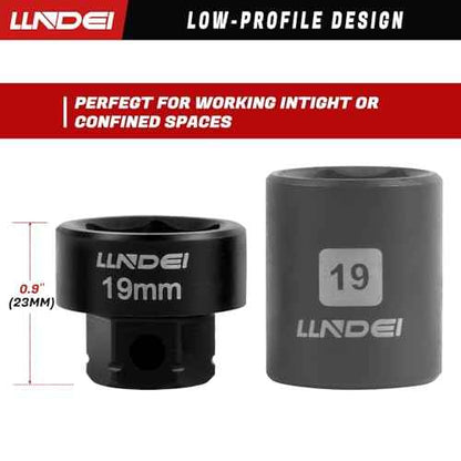 LLNDEI 3/8" Nano Sockets, Drive Stubby Impact Socket Set, 19-Piece Long Flex Head Ratcheting Wrench Set Extension Bar(6"-15"), 6-19mm Metric Stubby Socket Set, Cr-Mo material