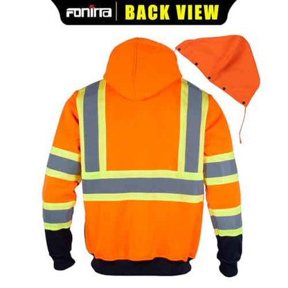FONIRRA Hi Vis Safety Fleece Zip Hoodie for Men Reflective Sweatshirts ANSI Class 3 Jackets Detachable Hood (Orange,3XL)