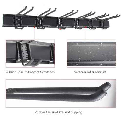 Garage Storage Rack Hooks, 48 Inch Heavy Duty Wall Mount Garage Organization with 3 Rails and 6 Adjustable Double Wall Hooks,Hanging Shelves for Garden Tool/Broom/Mop(Black)