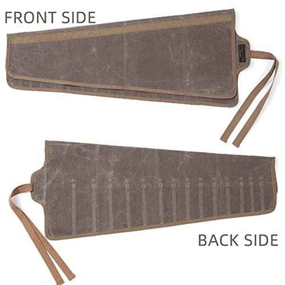 Tool Roll Up Organizer Bag, Heavy Duty 16oz Waxed Canvas Wrench Roll Up Bag with Straps, Multi-Purpose Tool Pouch (Grey)