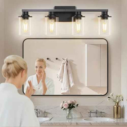 L LOHAS LED 4-Light Bathroom Vanity Lights Over Mirror, 27 Inch Black Bathroom Light Fixtures with Clear Glass Shade, Modern Vanity Lights for Living Room Hallway Bedroom
