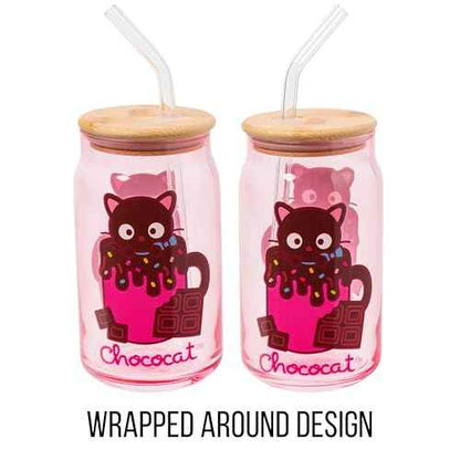 Silver Buffalo Sanrio Hello Kitty & Friends Chococat Chocolate Pink Glass Jar Tumbler with Bamboo Lid and Glass Straw, 16 Ounces