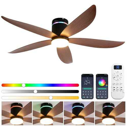 Carrefour 52" Flush Mount Ceiling Fans with Lights and Bluetooth Speaker, RGB Mood Lighting, 6-Speed Reversible DC Motor, Dimmable LED, Remote Control & Timer for Bedroom, Living Room, Dining Room