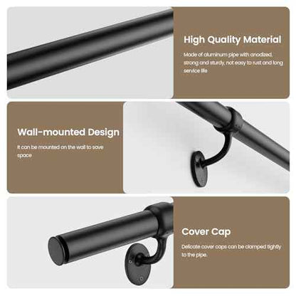 Stair Railing Indoor 6 Feet Hand Rails for Indoor/Outdoor Steps 1.5" Round Porch Railing Wall Mount Aluminum Hand Rails for Indoor Stairs Industrial Staircase Handrails