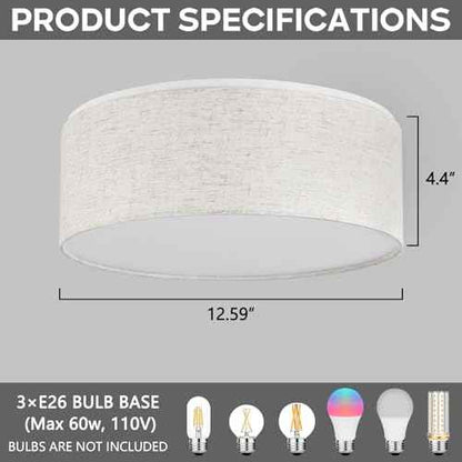 Luupyia 3-Lights Drum Ceiling Light Fixture 12.6 Inches, Vintage Unique Semi Flush Mount Ceiling Lighting with Fabric Drum Shade, Farmhouse Chandeliers for Bedroom, Hallway, Entry, Foyer E26 60W