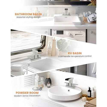 Waterfall Bathroom Faucet for Sink 3 Hole, 4 inch, Brushed Nickel Waterfall Sink Faucets with Pop-up Drain and 2 Supply Hoses, Stainless Steel 2-Handle Centerset Faucet for Sink Vanity, T-6008BN