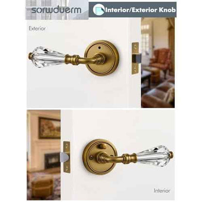 1 Pack Antique Brass Glass Door Lever Privacy Crystal Door Levers Door Lever Interior Door Handle for Bedroom and Bathroom,Zinc Alloy