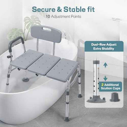 TABEKE Tub Transfer Bench for Bathtub, 500lb Shower Chair with Backrest & Armrest, Height Adjustable Shower Bench, Tool Free Assembly Shower Seat for Elderly and Disabled-Gray