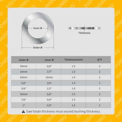 Saw Blade Bushing Set Saw Blade Adapter Ring, Reduction Ring Combo, 30mm-5/8'', 20mm-5/8'', 7/8''-5/8'', 20mm-1/2'', 1''-5/8'', 20mm-10mm, 5/8''-3/8'', 5/8''-1/2'', Pack of 16