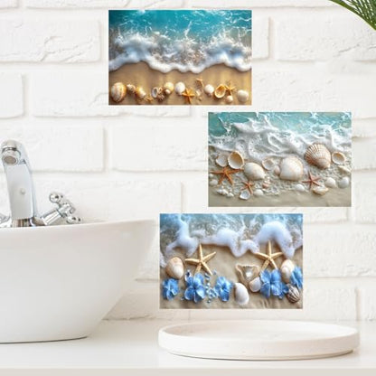 3 Sheets Vinyl Blue Ocean Wall Sticker Beach Shell Wall Decal Blue Sea Floral Peel and Stick Clings for Bathroom Room Bedroom Decorations