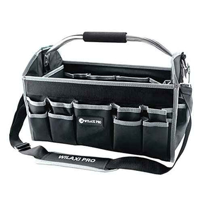 16in Tool Bags For Men Heavy Duty, Tool Bag Organizer Foldable Open Top Tool Bags, Tool Tote Bag With Handle, Wide Mouth Electrician Tool Tote, 22 PCS Pockets Tool Carrier, Grey