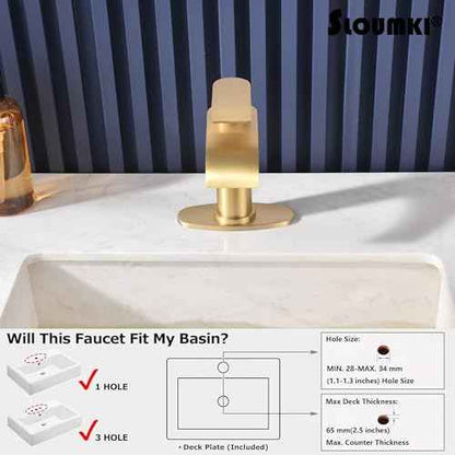 Brushed Gold Waterfall Bathroom Faucet Single Hole, Gold Bathroom Faucet for Sink 1 Hole with 6 in Deck Plate and Pop Up Drain and Supply Hose, Modern Bathroom Sink Faucet