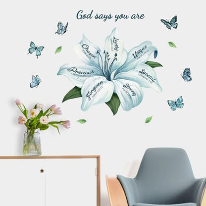 Yovkky Lily Flower Religious Inspirational Quote Wall Decals Stickers, Motivational God Says You are Teal Floral Butterfly Home Bedroom Decor, Positive Living Room Kitchen Decorations Art