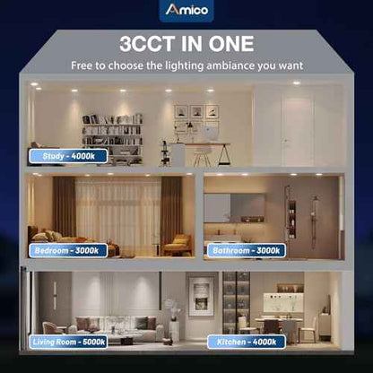 Amico 12 Pack 6 Inch 3CCT Ultra-Thin LED Recessed Ceiling Light with Metal Junction Box, 3000K/4000K/5000K Selectable, 12W Eqv 100W, Dimmable LED Canless Wafer Downlight, 1000LM-ETL&FCC