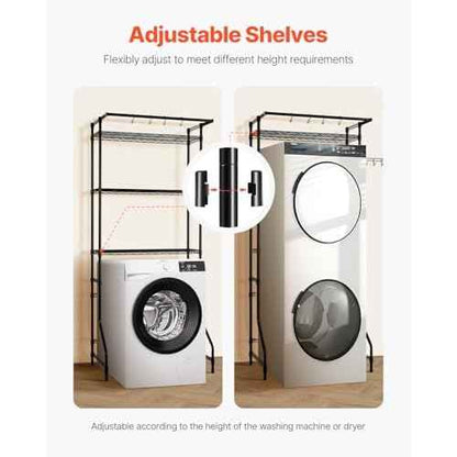 VEVOR Over The Washer and Dryer Storage Shelf, 3 Tier Laundry Room Drying Rack with Hanger Rod and Hooks, Adjustable Over Washer and Dryer Shelves, Laundry Room Shelf Storage Space Saver, Black