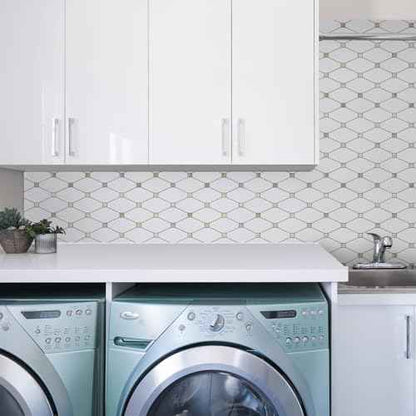 STICKGOO 10 Sheets Peel and Stick Backsplash, Pure White Marble Look PVC Mixed Metal Gold Kitchen Backsplash, Stick on Backsplash Wall Tiles for Kitchen, Bathroom, RV