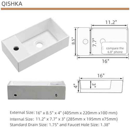Wall Mount Bathroom Sink, QISHKA 16" x 8.5" Modern Ceramic Rectangular Floating Sink, White Rectangle Wall Hung Wash Basin Vessel Sink, Save Space for Bathrooms (Left Hand)
